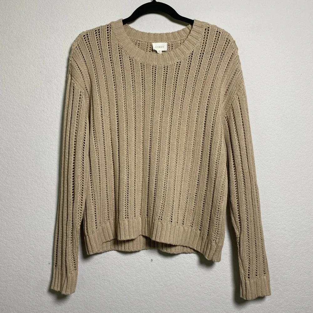 Cyrus‎ Tan Open Knit Sweater Medium Coastal Grandma Minimalist Neutral Casual